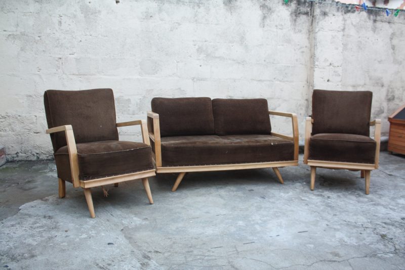 Mid century beechwood two single seater and couch set